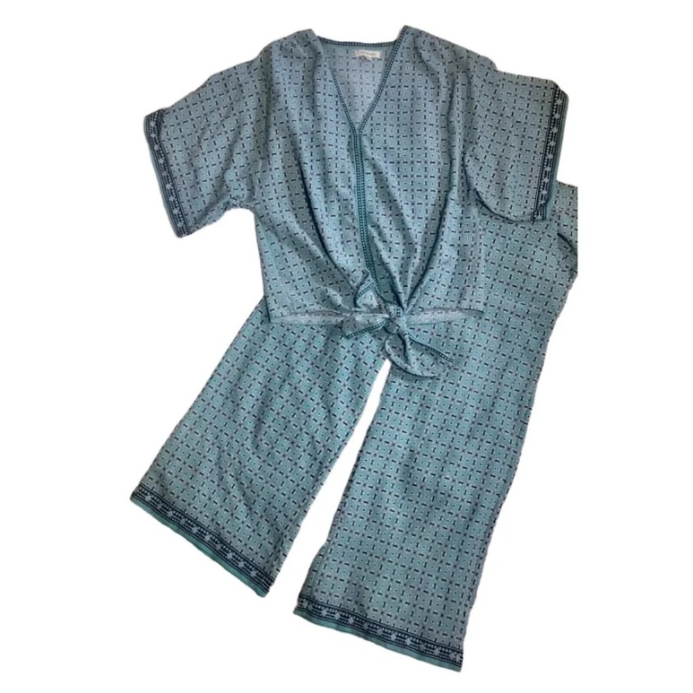 Max Studio Teal Tie Top & Pant Set Womens Size M Palazzo Wide Ankle Cropped Leg